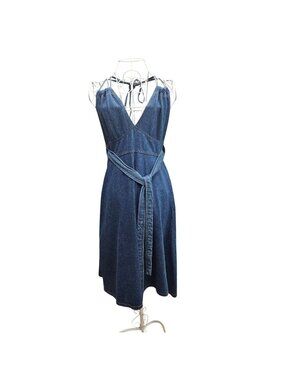 Vintage 80's Halter Wrap Denim Dress With Tie Waist Open Back Size L Pulse Jeans
